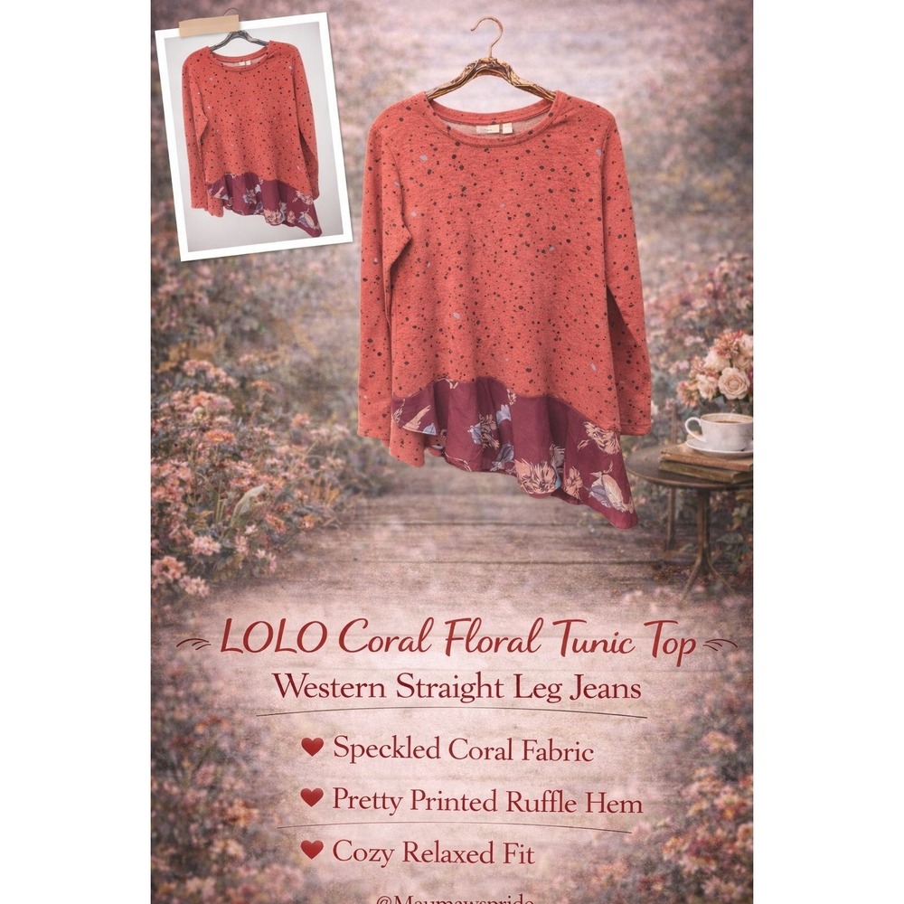 LOGO Lounge Lori Goldstein Coral Speckled Floral Ruffle Tunic Top Medium‎ M